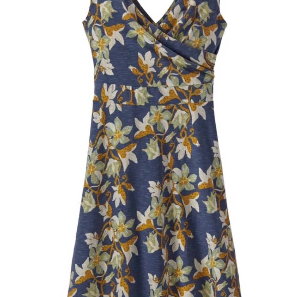 Patagonia Blue Floral Midi Dress with Green & Gold Accents